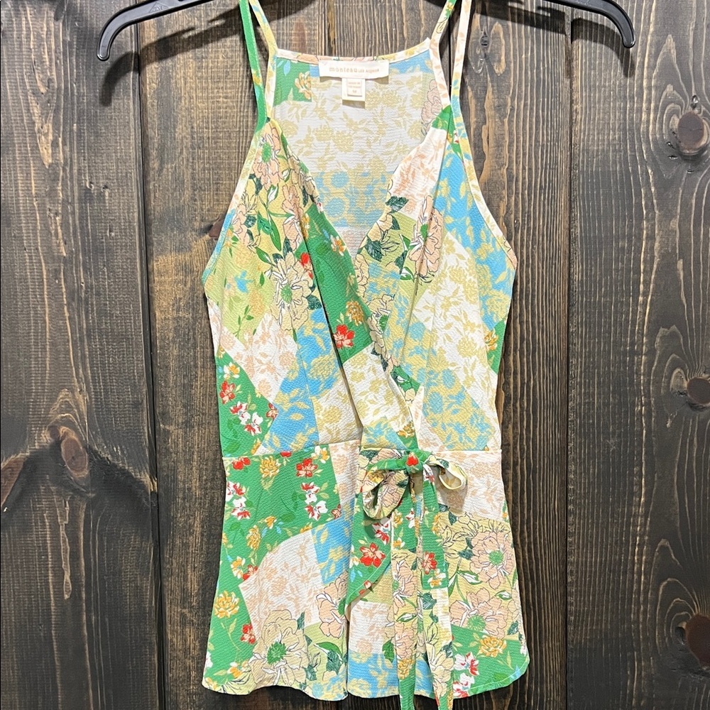 Monteau Boho Patchwork‎ Floral Top M Faux Wrap Scalloped Office Casual Artsy Bow